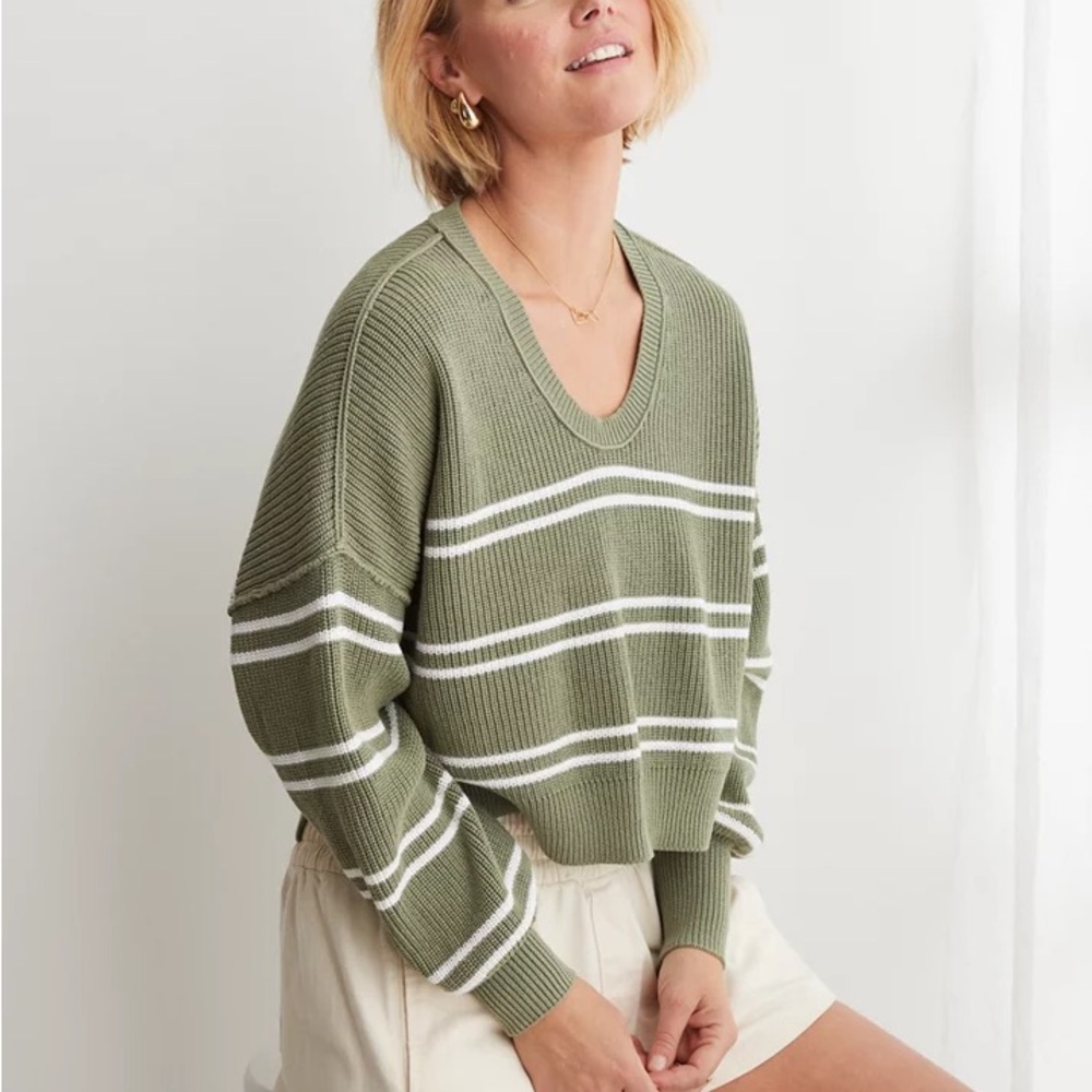 Aerie Women XS Tall Petite Beyond Cropped Sweater‎ Olive Green Stripe Cotton